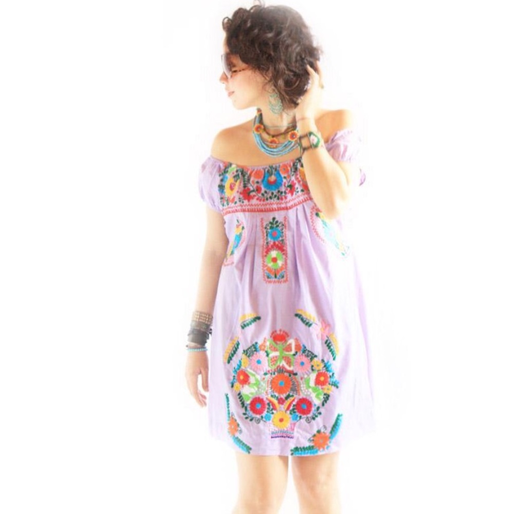 Mexican bohemian embroidered dress off shoulder